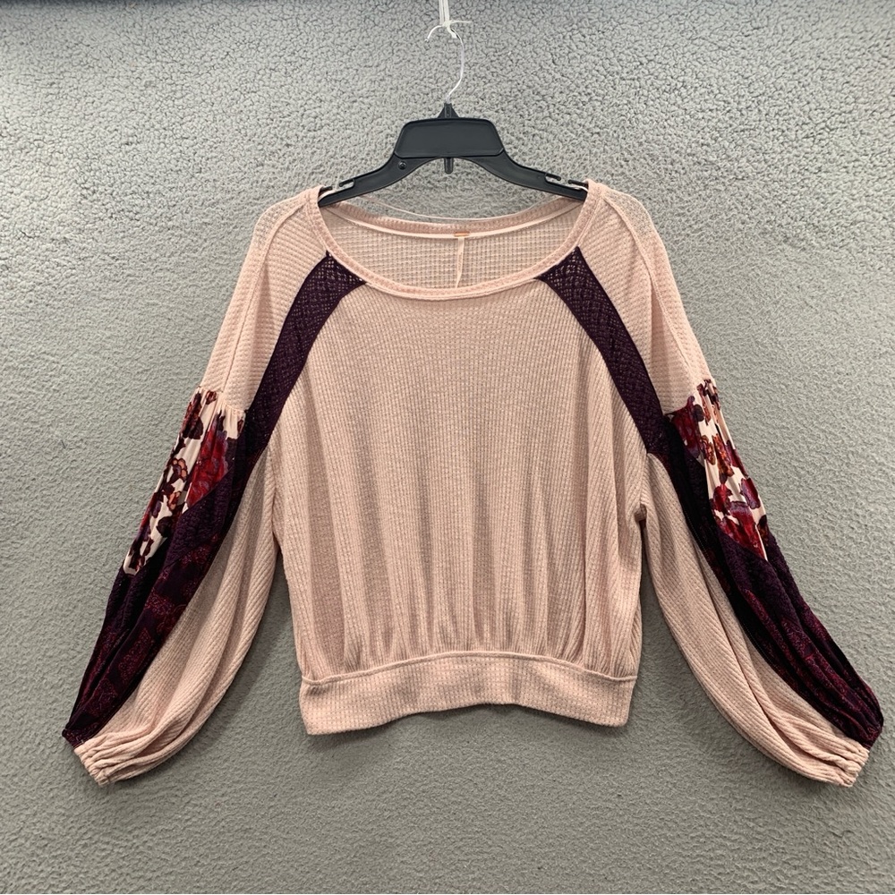 Free People Womens XS Pink Cream Embroidered Lace Ballon Sleeves Crop Top Blouse